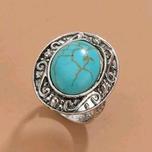 Teal Antique Silver Adjustable Ring